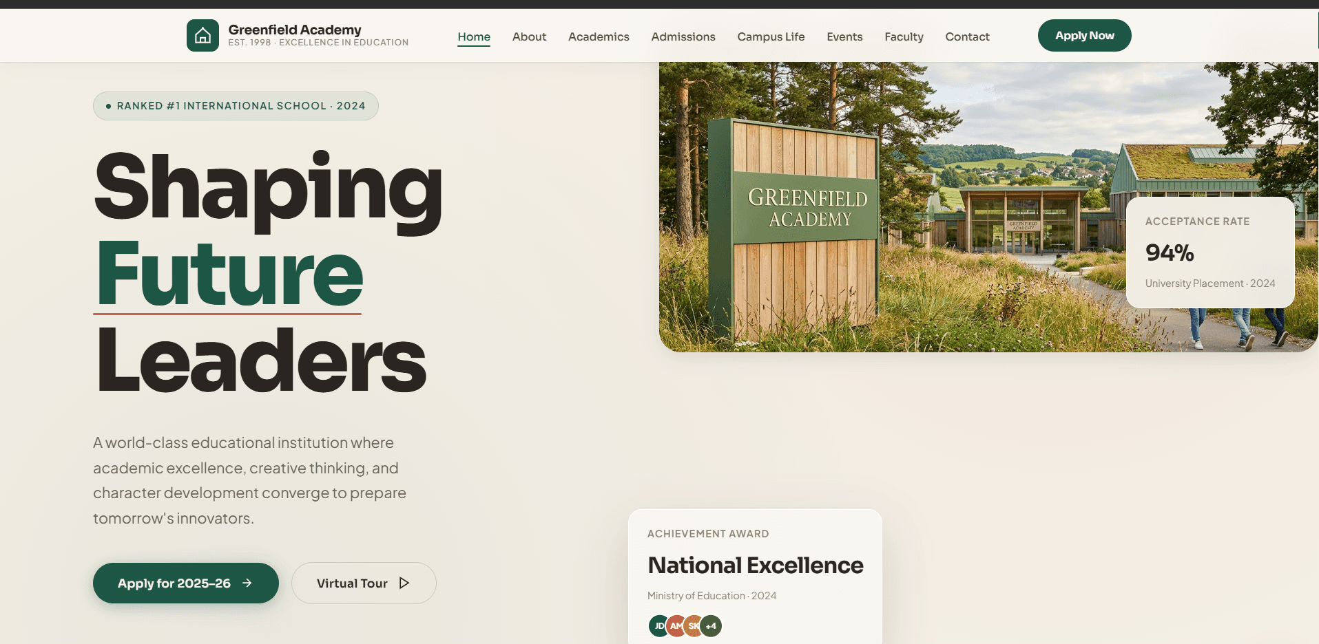 Green Field Academy website homepage designed by Linzido